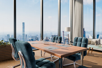 large modern contemporary loft with couch and dining table and indoor plants vertical garden; panoramic view rural landscape; sustainability work environment; 3D rendering
