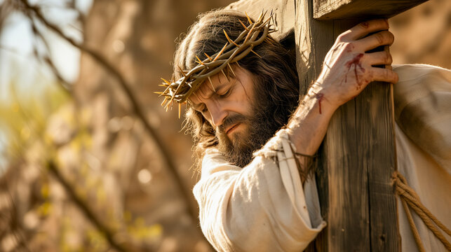 Close up image of Christ carrying the cross to his crucifiction with crown of thorns. Easter good Friday concept