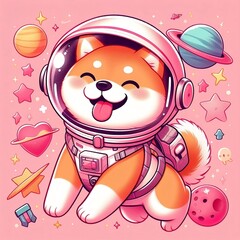 Astronauta Intelligente. un simpatico astronauta shiba inu felice su uno sfondo rosa, arte digitale. - obrazy, fototapety, plakaty