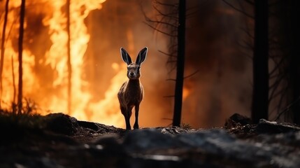 Through the haze of smoke, a hare emerges, a symbol of hope and survival. Hare in burning forest.