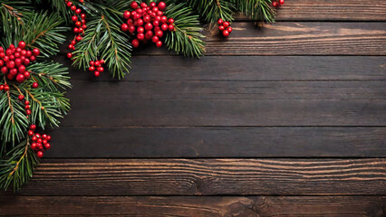 Fototapeta na wymiar Rustic christmas mockup decorated with cones and holly berries on dark wooden board