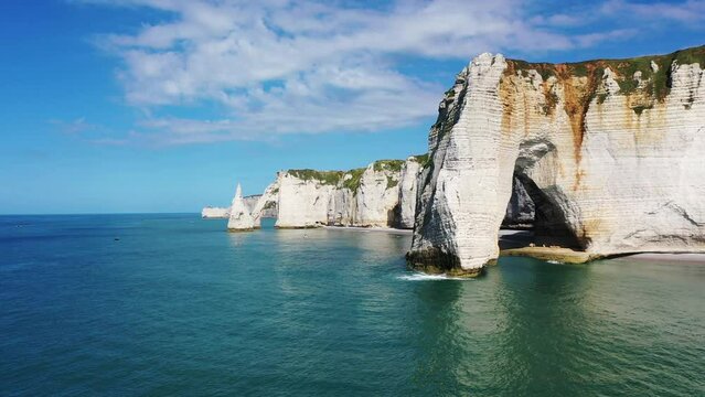 Beautiful landscapes in Etretat, France, 4k drone shots of the cliffs.