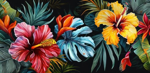 tropical flowers painted on black background - obrazy, fototapety, plakaty