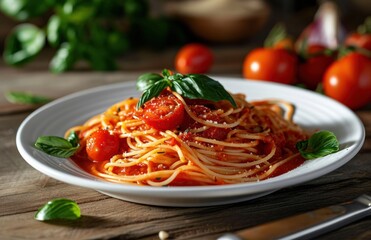 white plate with spaghetti sauce, basil and tomatoes