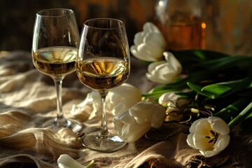 white wine with two glasses and a few tulips