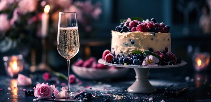 this image shows an elegant cake with a glass of champagne
