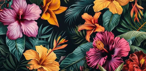 tropical flowers painted on black background - Powered by Adobe