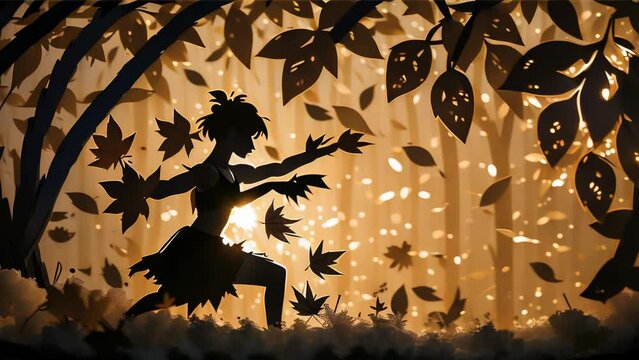 A silhouette of a woman dancing gracefully, stirring up falling leaves in the soft light of an autumn forest.
