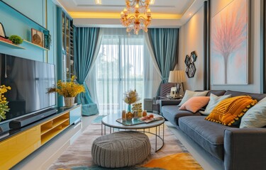 this living room is decorated in blue, gray and yellow