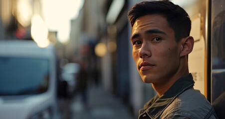 Fototapeta premium young man in face next to a delivery van