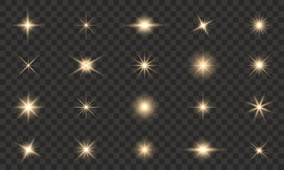 Set of glowing stars, abstract golden light effects on transparent background