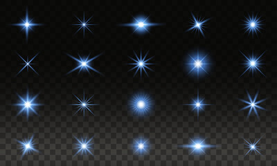 Set of glowing stars, abstract blue light effects on transparent background