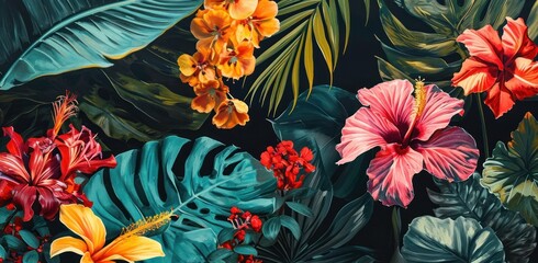 tropical flowers painted on black background