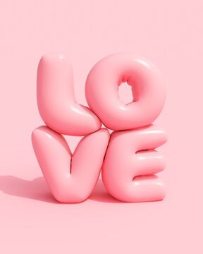 Pink love inflated shiny valentine balloon message word text card 3d illustration render digital rendering