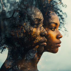 Double exposure silhouette of two African American women, celebrating Black History Month, - obrazy, fototapety, plakaty