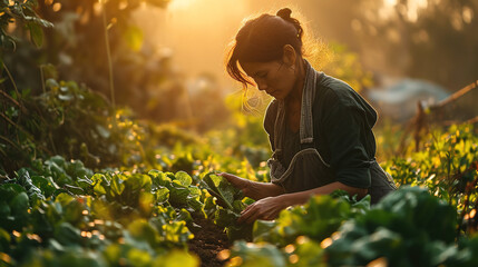 Woman picking lettuce produce from farm outdoor in the morning