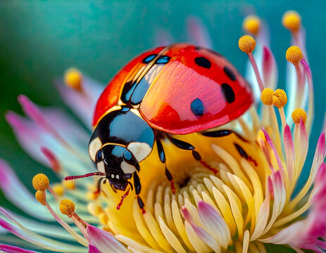 Macro shots, Beautiful nature scene.  Beautiful ladybug on leaf defocused background