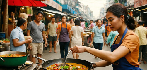 Typical Asian street kitchen, street stall with street food, Asian adult woman stands and cooks Thai curry in a large frying pan on the open street with many locals around, fictional location - obrazy, fototapety, plakaty