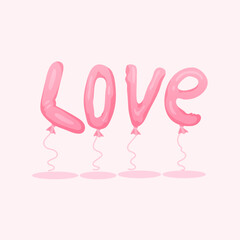 Cute pink illustrations for Valentine's day. Hearts on a light pink background for any purpose.Pink words inflatable balloons on a pink background .