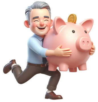 3D cartoon of a joyful middle-aged man hugging a piggy bank, depicting savings for retirement. Isolated PNG illustration. generative AI