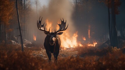 Amidst the chaos, a moose navigates the burning forest.