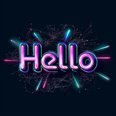 "Hello" in vibrant neon lights with a dynamic abstract background