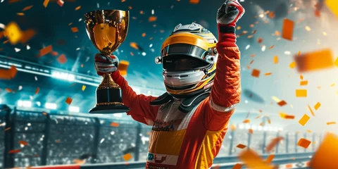 Zelfklevend Fotobehang winner race car driver celebrating the win in a race against bright stadium lights and confetti. winner competition © YuDwi Studio