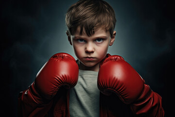 little boy in boxing gloves in front of grey background