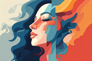 Side profile of a woman, with a vibrant split of cool and warm abstract elements