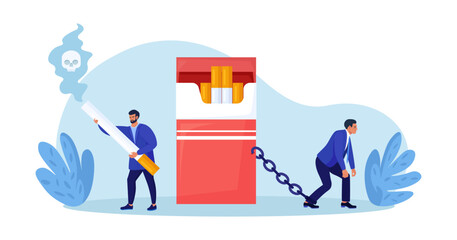 Nicotine addiction. Unhealthy habit smoking tobacco. Addict man chained to cigarette box. Nicotine craving. Man want to quit smoking. Bad habit rehab