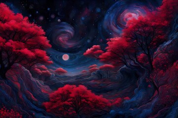 Vivid crimson and midnight indigo painting a cosmic canvas of wonders.