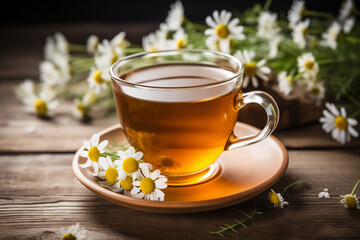 Cup of tea and chamomile flowers on wooden background