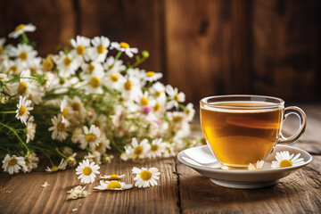 Cup of tea and chamomile flowers on wooden background