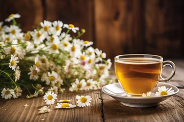Poster Cup of tea and chamomile flowers on wooden background © kazakova0684