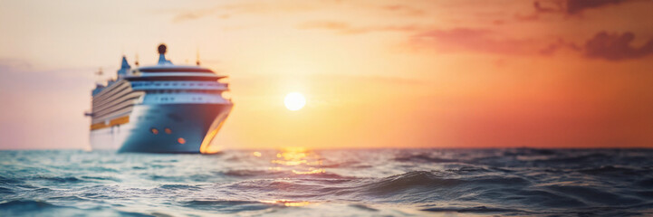 Cruise ship in the sea at sunset. Panoramic banner - obrazy, fototapety, plakaty