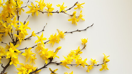 Flowering forsythia branches on white background. Flat lay, top view.