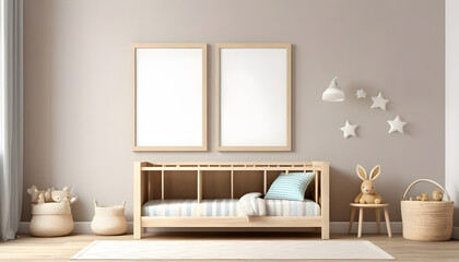 Fototapeta na wymiar Mock-up-frame-in-children-room-with-natural-wooden-furniture,-3D-render