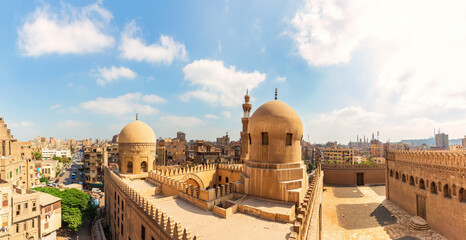 Full view of ancient Mosque of Ibn Tulun, famous landmark of Cairo city, Egypt - obrazy, fototapety, plakaty