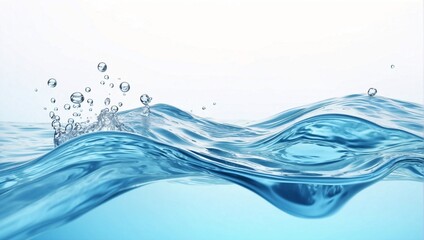 Freshwater splash on white background.  Blue water waves surface with splash, droplets and air bubbles