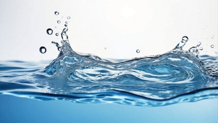 Freshwater splash on white background.  Blue water waves surface with splash, droplets and air bubbles