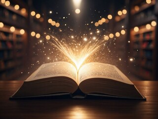 Open book with magical glowing lights and sparkles in classic library background