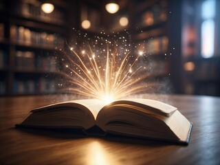 Open book with magical glowing lights and sparkles in classic library background - obrazy, fototapety, plakaty