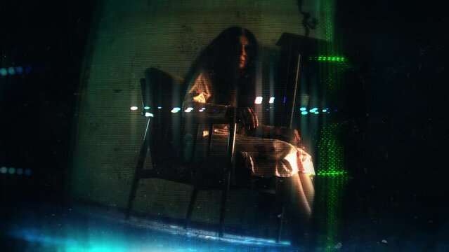 Evil old witch rocking in armchair at haunted house, horror scene, glitch effect