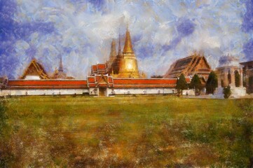 Landscape of the Grand Palace Bangkok Thailand Illustrations in chalk crayon colored pencils impressionist style paintings.