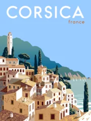 Zelfklevend Fotobehang Corsica France Travel poster. Handmade drawing vector illustration.  © alaver