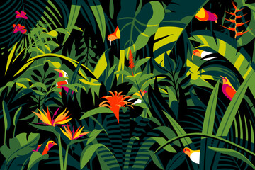 Bright colour birds in the thickets of the flowering rainforest. Handmade drawing vector illustration. Pop art style.