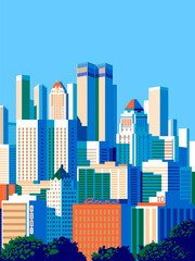 Obraz premium Cityscape with houses and trees in the first plan and skyscrapers in the background. Handmade drawing vector illustration. Pop Art style.