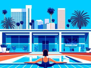 Woman in the pool at the resort on vacation. Cityscape with apartments in the first plan and skyscrapers in the background. Handmade drawing vector illustration. - obrazy, fototapety, plakaty