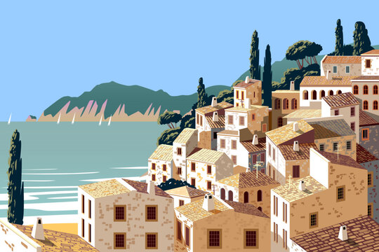 Mediterranean seaside riviera  romantic poster. Holiday destination town in Italy, France or Greece with sea beach. Handmade drawing vector illustration. 