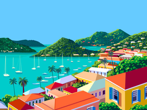 Tropical Island cityscape with traditional houses, palms and green trees in the background. Handmade drawing vector illustration.